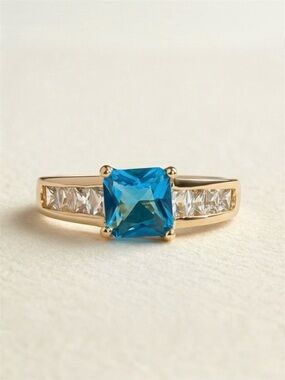 18k Gold Plated Ring | 1.5 Ct Princess-Cut Blue Sapphire & Zircon